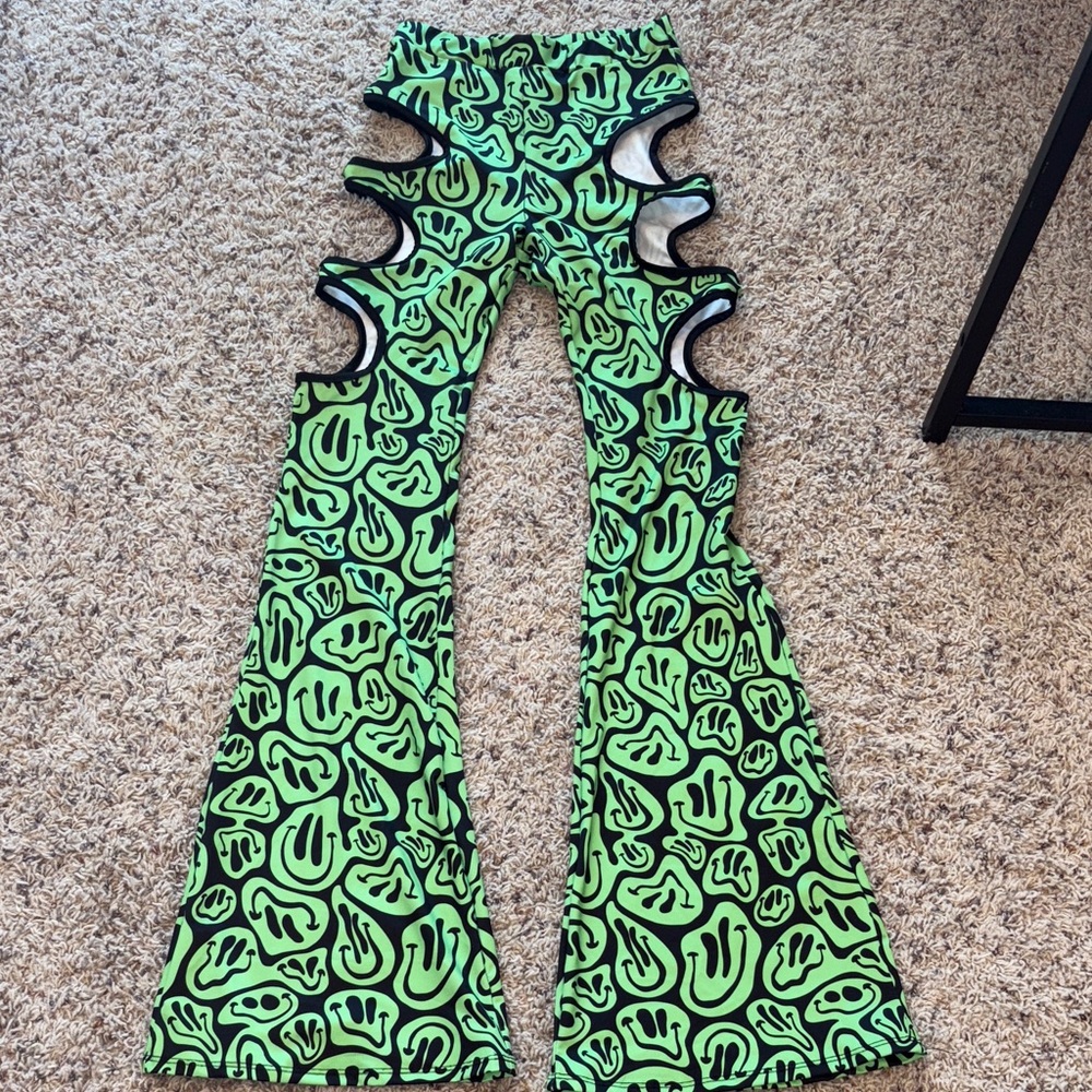 Neon Green Cutout Flare Pants with Black Abstract Print